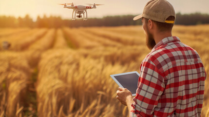 A farmer using a tablet to analyze data from a drone surveying a large wheat field. Smart farming drone