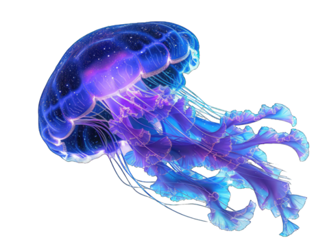 Vibrant digital art of a glowing jellyfish with neon colors and intricate details, set against a transparent background. - Powered by Adobe