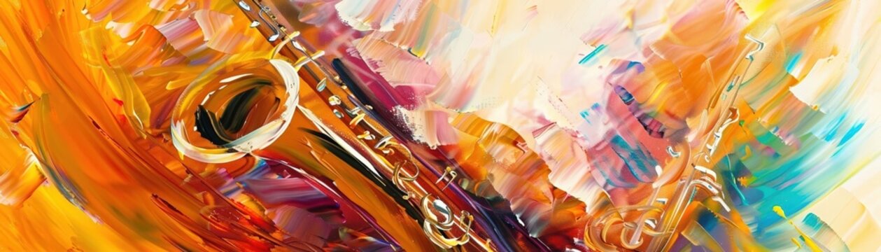 Abstract painting of a jazz performance, using fluid lines and rich, warm colors to convey the improvisational nature of the genre