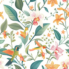 Cute Seamless Pattern with Orchids and Hummingbird