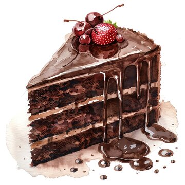 Decadent chocolate cake slice with luscious layers, drizzled chocolate, and topped with cherries and a strawberry, perfect dessert indulgence.