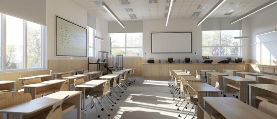 A minimalist classroom with floating, interactive whiteboards