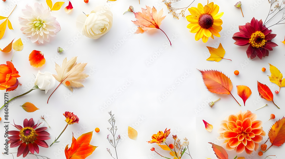 Poster autumn floral composition frame made of fresh flowers on white background autumn fall concept flat l