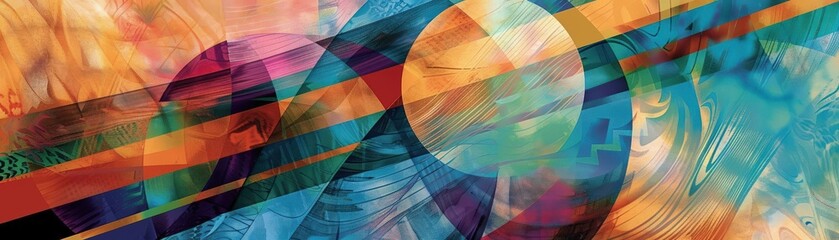 Fototapeta premium An abstract representation of a music collaboration across cultures, with diverse, colorful shapes and symbols coming together in harmony Banner for global music initiatives