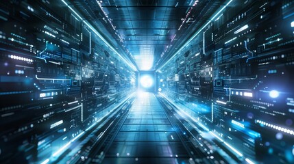 Abstract depiction of a door in a tunnel with digital data center light signals Represents a future computer technology concept of a cyber gate in cyberspace or the metaverse Imagines a