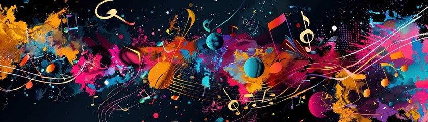 Obraz premium An abstract representation of a music collaboration across cultures, with diverse, colorful shapes and symbols coming together in harmony Banner for global music initiatives