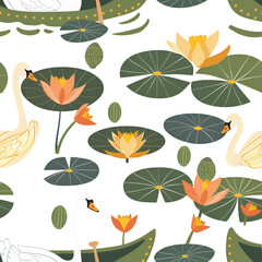 Cute Seamless Pattern with Paddle Boat and Swans