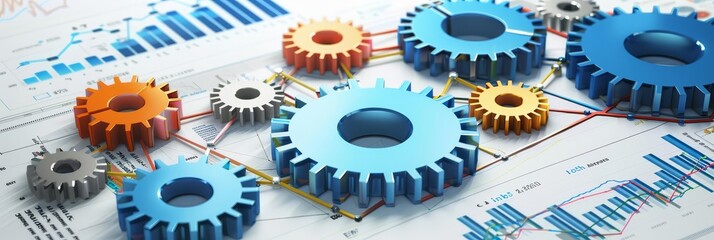 A 3D representation of an economic cycle with interconnected gears and charts with copy space