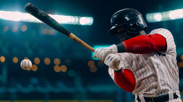 Baseball player in action swinging bat at ball during game.