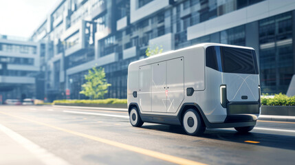 Futuristic autonomous delivery vehicle driving through modern, urban cityscape during sunny day. clean, sleek design showcases technological innovation in transportation.