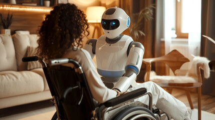 Humanoid robot providing assistance to woman in wheelchair within cozy home environment. reflects advancements in robotics and their application in personal care and assistance.