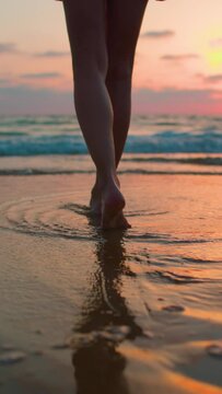 vertical shot. enjoying a walk on the beach. legs close up.  Slender woman in a swimsuit walks along the beach at sunset. A girl walks barefoot on the beach at sunset.