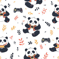 Cute Seamless Pattern with Pandas Holding Game Controllers