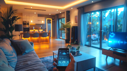 Contemporary living room showcasing smart home technology. features automated lighting, large glass windows, openplan kitchen, and cozy seating. evening ambiance with illuminated garden outside.