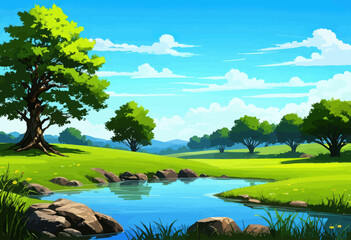 Serene Landscape: A Tranquil Scene of a River Flowing Through a Field of Rocks and Trees Under a Clear Blue Sky with Fluffy White Clouds