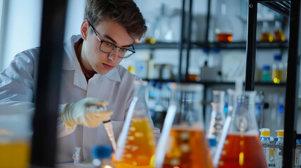 Young scientist in lab coat working with chemicals in a laboratory