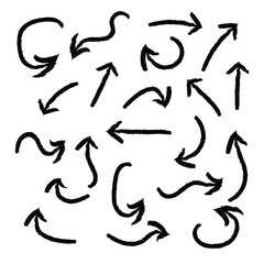 grunge arrow. Set of black hand drawn grunge doodle spiral and curved charcoal, chalk arrows on white background. Scribble symbols of direction pointers elements for infographic design in eps 10.