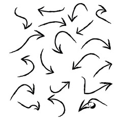 grunge arrow. Set of black hand drawn grunge doodle spiral and curved charcoal, chalk arrows on white background. Scribble symbols of direction pointers elements for infographic design in eps 10.