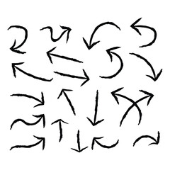 grunge arrow. Set of black hand drawn grunge doodle spiral and curved charcoal, chalk arrows on white background. Scribble symbols of direction pointers elements for infographic design in eps 10.
