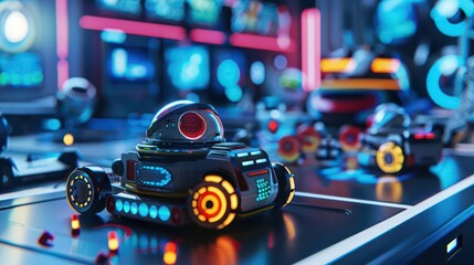 Naklejka premium Closeup of advanced digital toys designed to enhance childrens learning in a sleek, futuristic setting with room for copy