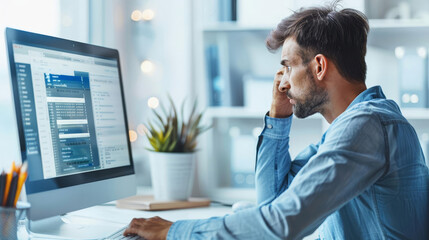 Man working on computer, focused and concentrated on screen.