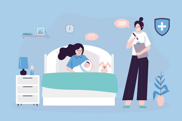 Female obstetrician is checking on woman and her newborn baby at the hospital. Happy mother with infant baby. Concept of childbirth and healthcare of newborn baby.
