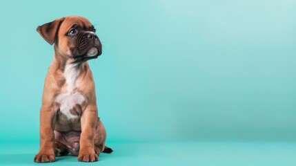 Cute brown and white boxer puppy sitting on a blue background.