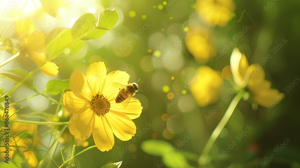 Poster view of honey bee and yellow cosmos flower on blurred green leaf background under sunlight with copy
