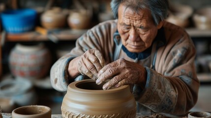 Artisan creates traditional art in a workshop with handmade crafts and materials. A traditional craftsman creates pottery surrounded by tools in a rustic workshop.
