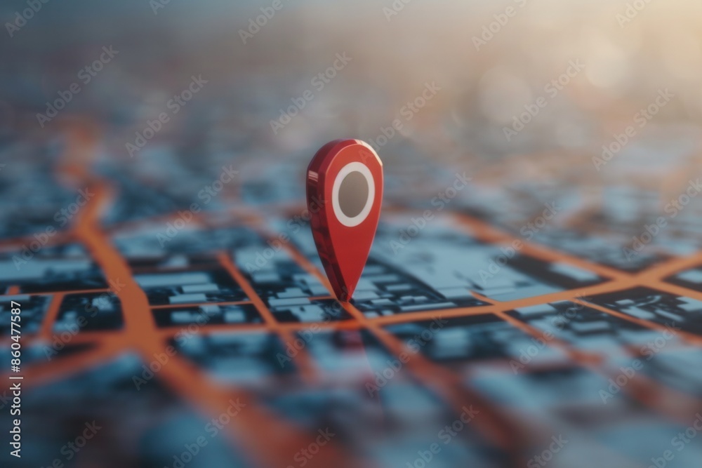 Poster a 3d rendering of a red location pin on a modern and clean city map. the image is minimalistic and s