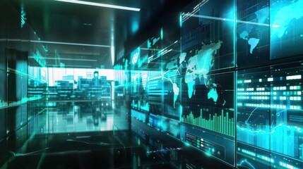 Fototapeta premium Conceptual image of hightech holographic financial charts in a sleek business environment with room for text