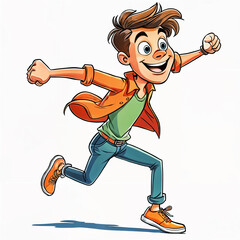 Cartoon of a young man with brown hair, wearing a green shirt and blue jeans, running with his arms outstretched. He has a big smile on his face.