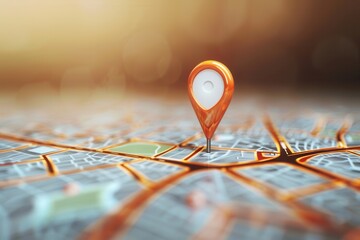 A clean and minimalist image of an orange location pin on a city map, perfect for navigation apps, travel services, and websites. Generative AI