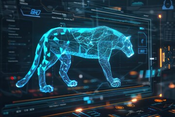 Futuristic digital dashboard displaying realtime data of robotic animal movements with plenty of space for copy