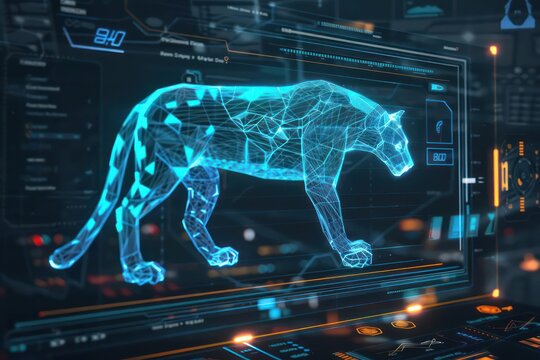 Futuristic digital dashboard displaying realtime data of robotic animal movements with plenty of space for copy