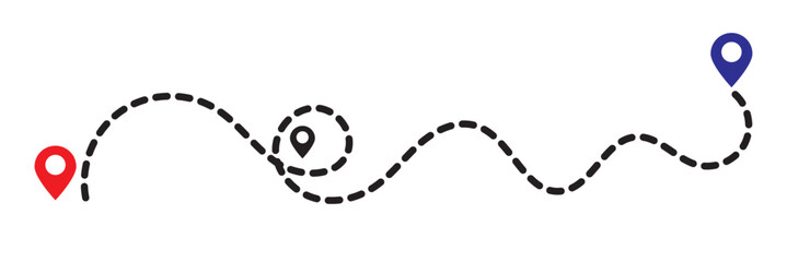 Map address location pointer symbol. location pin icon symbol sign isolated on transparent background, map icon.  Location pin icon. Travel from start point and dotted line tracing.