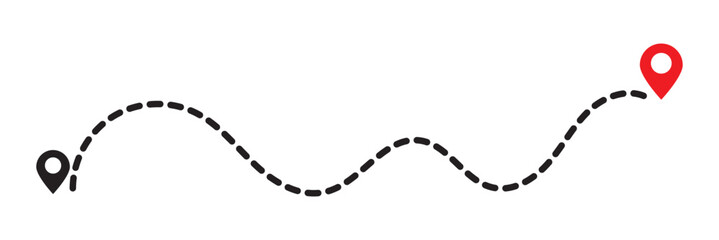 Route icon. Two points with dotted path and location pin. Route location icon two pin sign and dotted line. Travel vector icon. Travel from start point and dotted line tracing.