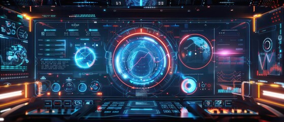 Obraz premium Futuristic digital dashboard showing realtime data of oceanic life with plenty of space for copy