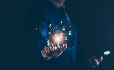 Currency exchange with blockchain technology concept, Business man doing financial transaction currency exchange, blockchain technology, foreign currency, international money transfer, banking payment