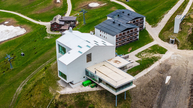 aerial landscape view of Kronplatz summit with a elevation of 2,275 meters or 7464 ft,  located in South Tyrol in norther Italy with Lumen - Museum of mountain photography
