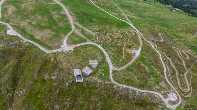 aerial landscape view of area around one of six Messner Mountain Museums located at Kronplatz (Corones) summit with a elevation of 2,275 meters or 7464 ft, in South Tyrol in norther Italy 