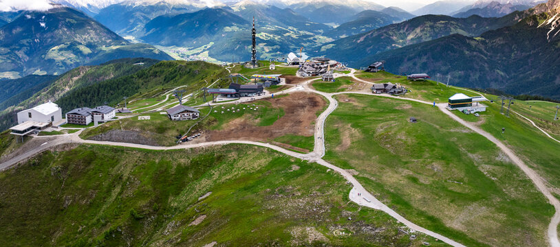 aerial landscape view of Kronplatz summit with a elevation of 2,275 meters or 7464 ft,  located in South Tyrol in norther Italy one of six Messner Mountain Museum and Museum of mountain photography
