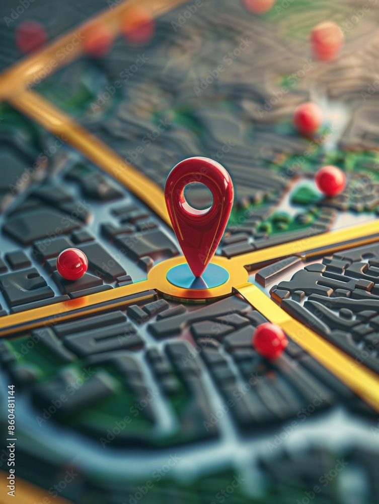 Leinwandbilder A close-up of a modern, red location pin placed on a detailed 3D city map, showcasing a minimalist and sleek design ideal for navigation apps and travel services. Generative AI