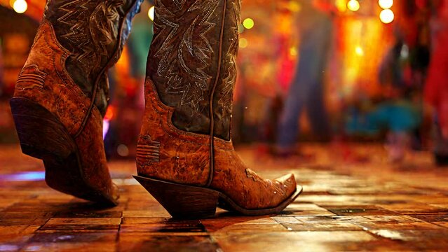 Honky tonk is the clatter of cowboy boots on a dance floor Picture a close up of cowboy boots tapping and clattering on a honky tonk dance floor symbolizing the lively atmosphere of a country