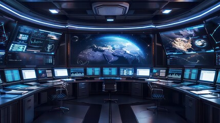 Hightech digital control center for space business logistics with plenty of room for copy
