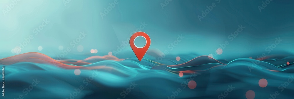 Poster a clean, minimalist image of a red location pin on a blue wavy background, perfect for navigation an