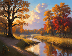 Autumnal Scene: A Tranquil Path Leading to a Reflective River Surrounded by Vibrant Trees