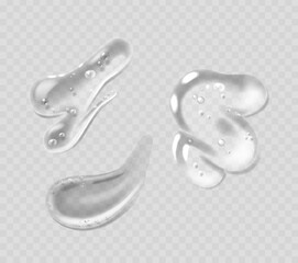 Close-up View Of Three Realistic Gel Drops Isolated On A Transparent Background. 3d Vector Cosmetics, Skincare Droplets