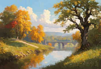 Obraz premium Autumnal Landscape with a Bridge and Tree Reflection