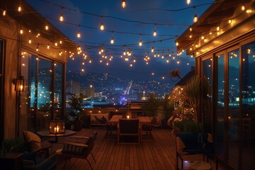 An intimate rooftop setting late at night 